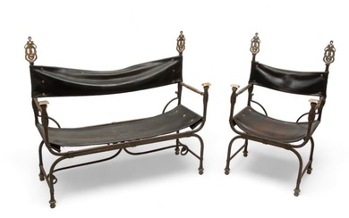 Oscar Bruno Bach (American) Wrought Iron, Saddle Leather Bench & Chair, Ca. 1920, H 44" W 49.5"