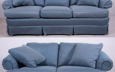 PA House blue upholstered sofa and loveseat