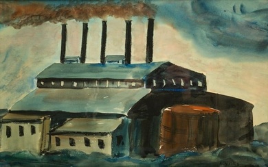 "PAINTING OF FACTORY" BY AUGUST F. BIEHLE (1885-1979).