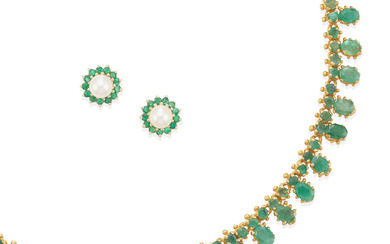 PAIR OF GOLD, EMERALD, CULTURED PEARL EARRINGS AND NECKLACE
