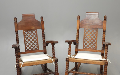 PAIR OF ROCKING CHAIRS IN OAK WOOD AND NATURAL RAFFIA, DESIGNED BY JOSÉ MARÍA PERICAS MORROS (ARCHITECT).