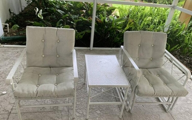PAIR OF VINTAGE WHITE CUSHION PATIO CHAIRS