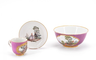PORCELAIN SLOP BOWL, CUP WITH SAUCER AND PURPLE GROUND AND...