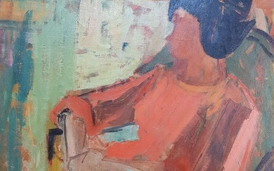 PREVOST G. (Gisèle, née en 1927) "Femme au pull rose" Huile sur toile Signée en...