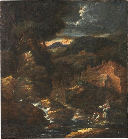 Paesaggio fluviale con lavandaie, Carlo Antonio Tavella (attr. a) (Milano 1668 - Genova 1738)