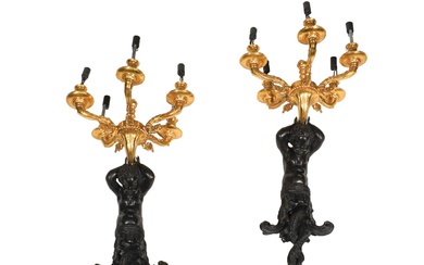 Pair Louis XV Style Ormolu Mounted Patinated Bronze Triton Figural Five-Light Sconces, Manner of Edward F Caldwell and Co, Probably New York, 20th Century