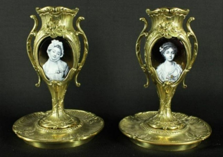 Pair Of Limoges Bronze Vases With Enamel Plaque Inserts