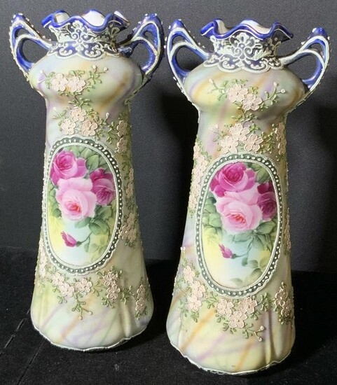Pair Vintage Signed Hand Painted Porcelain Vases