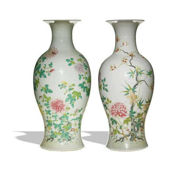 Pair of Chinese Famille Rose Flower Vases, Republic