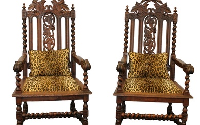 Pair of French carved oak barley twist arm chairs with...