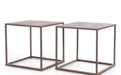 Pair of Industrial Style Patinated Steel Cube-Form Side Tables