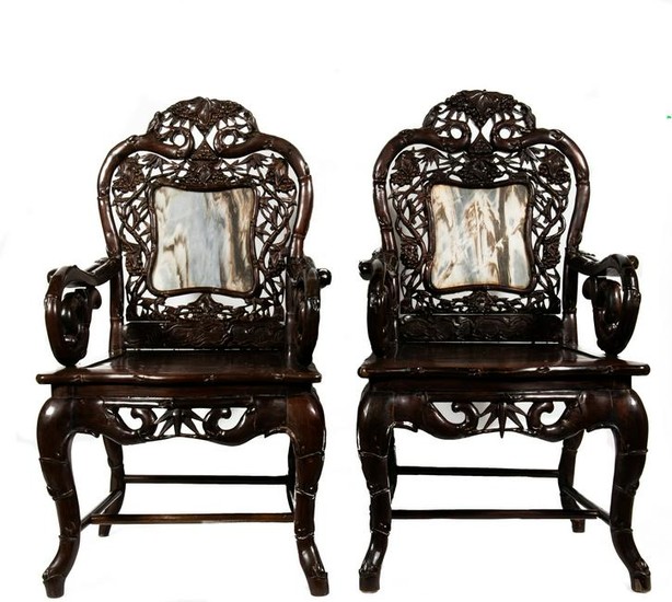 Pair of Marble-Backed Chinese Chairs, 19th Century