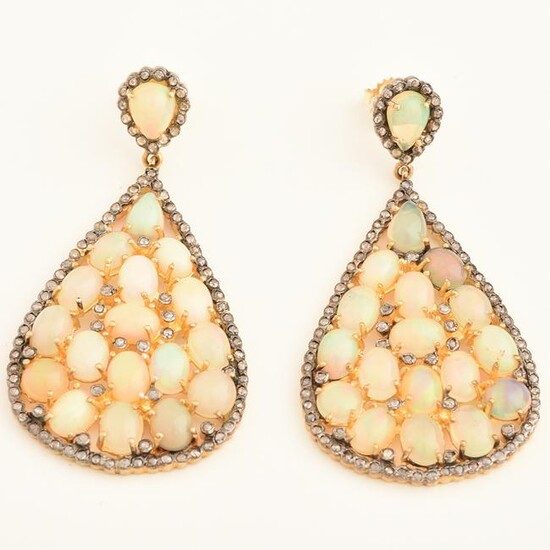 Pair of Opal, Diamond, Sterling Silver-Topped, 14k