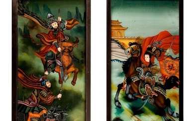 Pair of paintings under glassChina, 20th centuryof Chinese warriors within landscape, framed80 x 34 cm