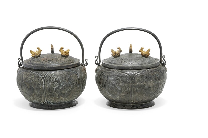 Pair of partially gilt silver handled basins and cover China, early 20th Century