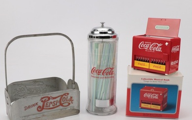 Pepsi-Cola Bottle Carrier, Coca-Cola Straw Dispenser and Music Box