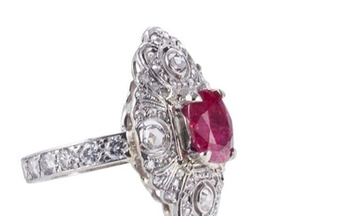 Platinum Art Deco Certified 1.50 Carat No Heat Ruby Diamond Ring