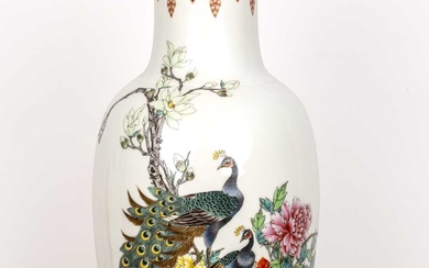 Porcelain polychrome vase Chinese, Republic period painted with peacocks, flowering...