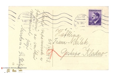 Postcard Sent to Czech Prisoner of the Gestapo in Kladno...