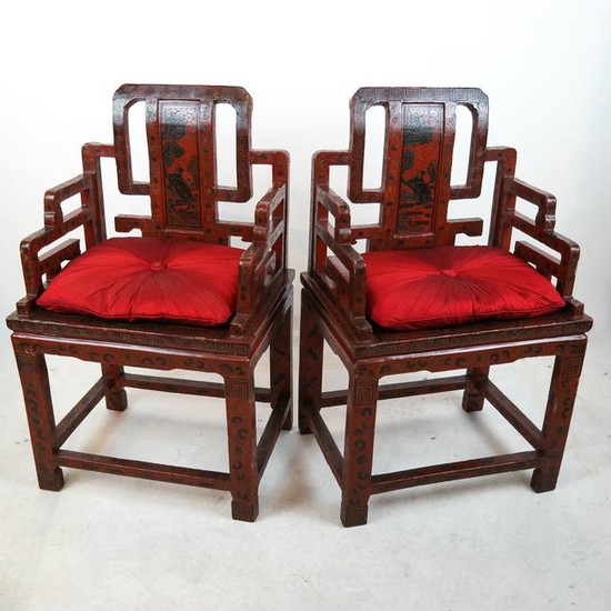 Pr. 19th C. Chinese Lacquer Arm Chairs