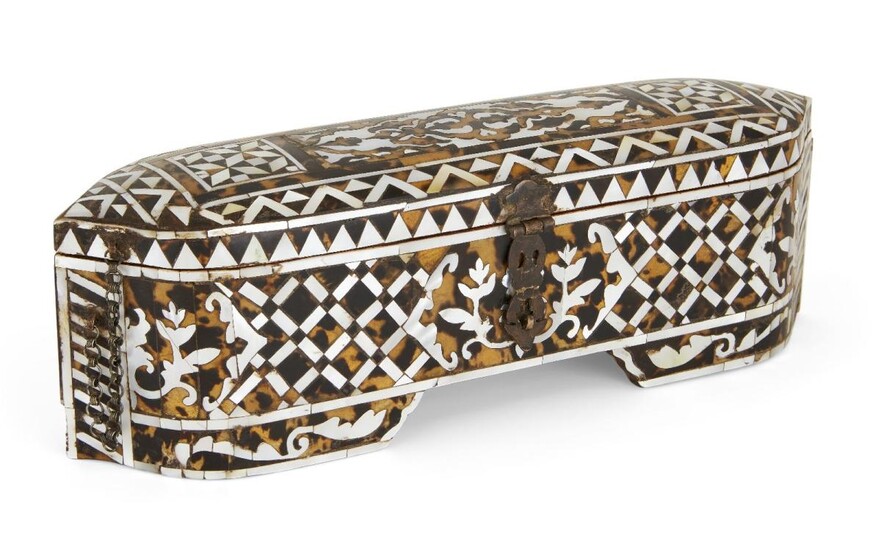 Property from an Important Private Collection An Ottoman tortoiseshell and mother-of-pearl inlaid scribe's box, Turkey, 19th century, of rectangular form on shallow bracketed feet with hinged cover, foliate lock plate and chain, the exterior inlaid...