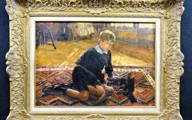 ROUART Henri-Stanislas (1833-1912) : Scène familiale : enfant jouant avec son chat. H.s.T. signée, 46...