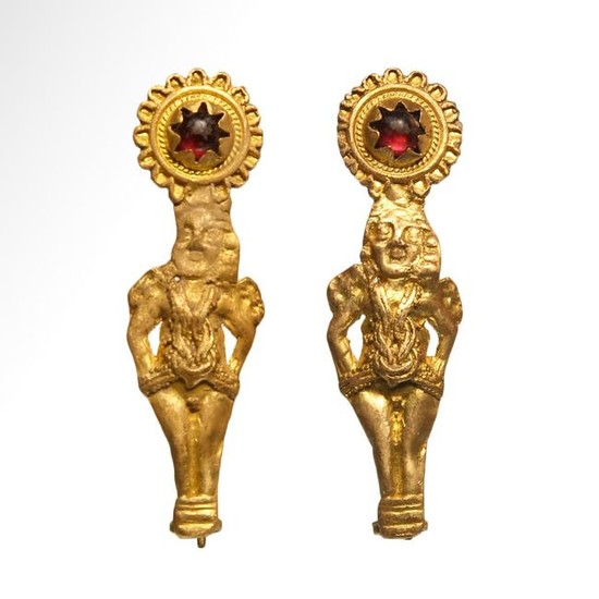 Roman Gold and Garnet Earrings with Repousse Eros
