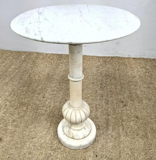 Round Marble Top Alabaster Pedestal Side Table.