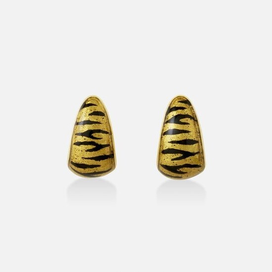 SOHO, Gold and enamel tiger stripe huggie ear hoops