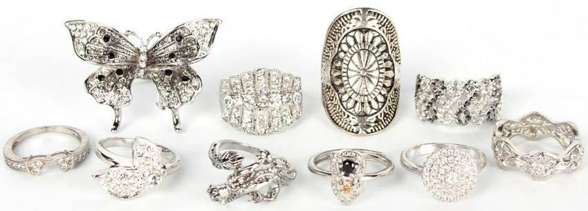 STERLING SILVER & COSTUME CLEAR STONE LADIES RINGS