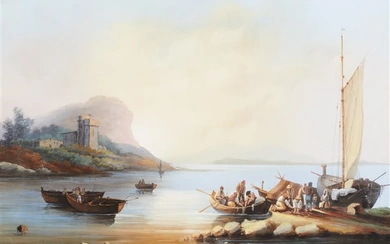 Scuola napoletana del secolo XIX Marina con ��pescatori Gouache su carta (cm 40
