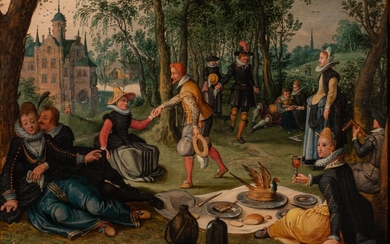 Sebastiaan Vrancx (studio of), Courtly company at the picnic in the park, 17thC, oil on...