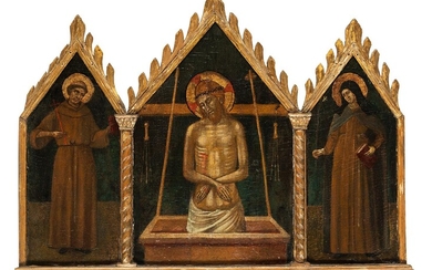 Sieneser Meister des beginnenden 15. Jahrhunderts, Christus und die Heiligen Franz von Assisi und Klara (Chiara) von Assisi