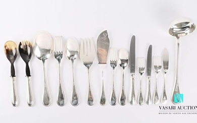 Silverware set 800 thousandths, the handle with fillet decoration consisting of twelve pieces of fish cutlery, one ladle, one salad serving set, one fish serving set, one rice serving spoon, twelve entremet forks, twelve entremet knives, the stainless...