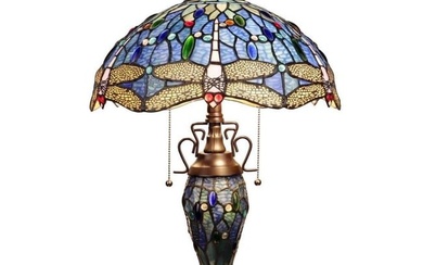 Stained Art Glass Dragonfly Double Lit Table Lamp