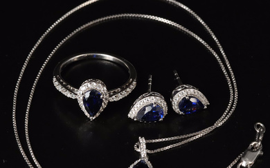 Sterling Blue and White Sapphire Necklace, Ring and Earrings Set