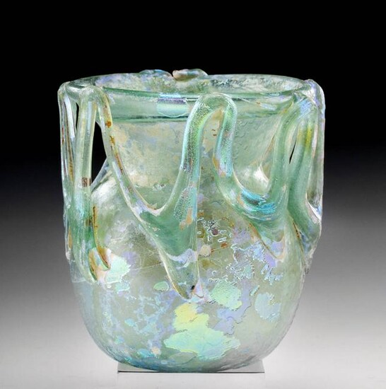 Stunningly Iridescent Roman Glass Jar w/ Rigaree