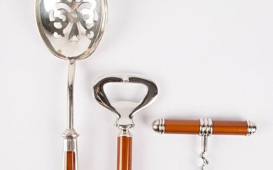 Suite of three pieces in silver plated metal and brown lacquer Talisman model including an ice cube spoon, a bottle opener and a corkscrew.