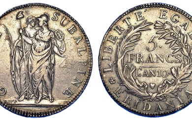 TURIN. RÉPUBLIQUE SUBALPINE, 1800-1802. 5 Francs AN. Personnifications couchées de la France et de la...