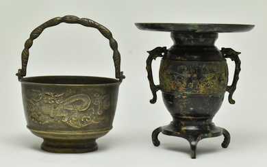 TWO JAPANESE BRONZE PIECES "DRAGON" CENSER AND PLANT POT
