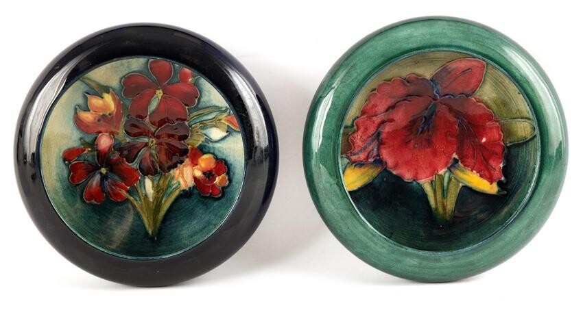 TWO MOORCROFT SHALLOW SMALL DISHES WITH CURVED RIM
