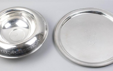TWO PIECES OF AMERICAN SILVER: CIRCULAR TRAY AND CENTERPIECE BOWL