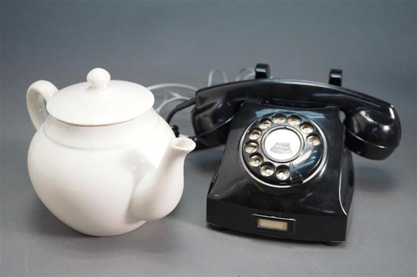 Telegrafverket Black Plastic Telephone and a French White Glazed Porcelain Teapot