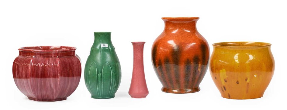 Three Pilkington's pottery vases of varying form, orange vermillion...