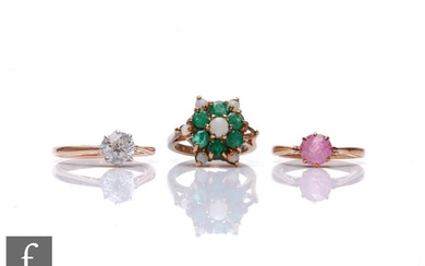 Three assorted 9ct stone set rings to include an emerald and...