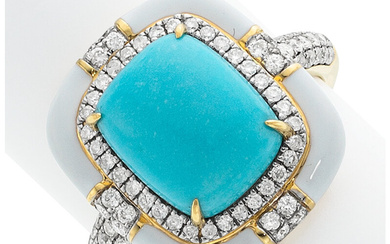 Turquoise, Diamond, Enamel, Gold Ring Stones: Turquoise cabochon; full-cut...
