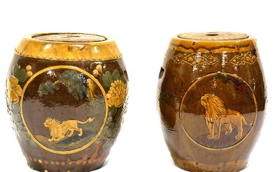 Two Japanese stoneware barrels and lids