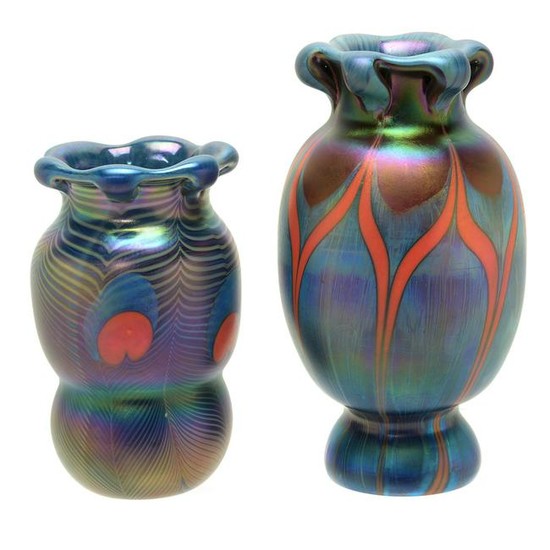 Two Tiffany Style Pulled Feather Vases.