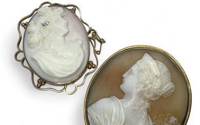 Two carved shell cameo brooches featuring classical Greek goddesses Hera...