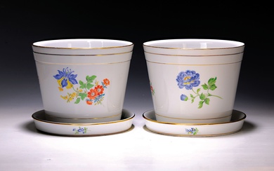 Two large flower pots/planters, Meissen, with coasters, 20th century, porcelain,...